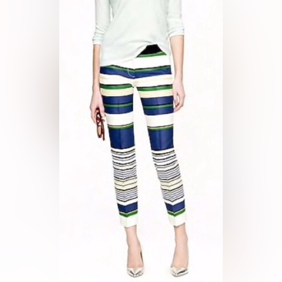 J. Crew Skimmer Striped Ivory/Blue/Green/Yellow Ankle Slacks - Size 6 - Picture 1 of 5